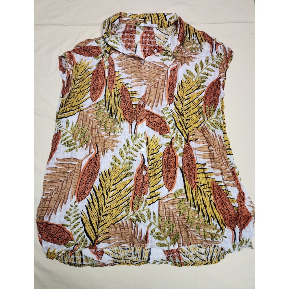 Jane and Delancey Top Women Medium White Plant Leaves Print Blouse Short Sleeve